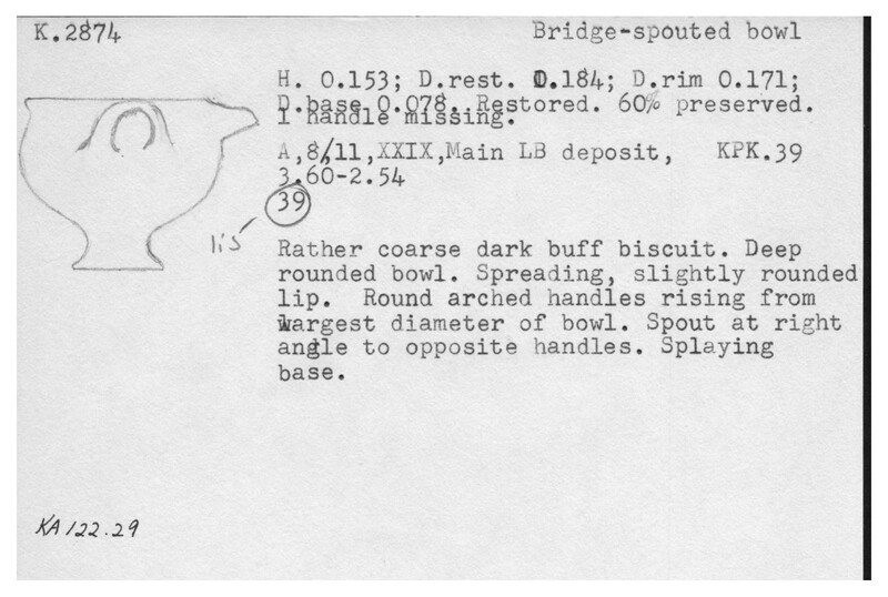 Index card with typed and handwritten information, sometimes including a sketch, of pottery from an excavation.