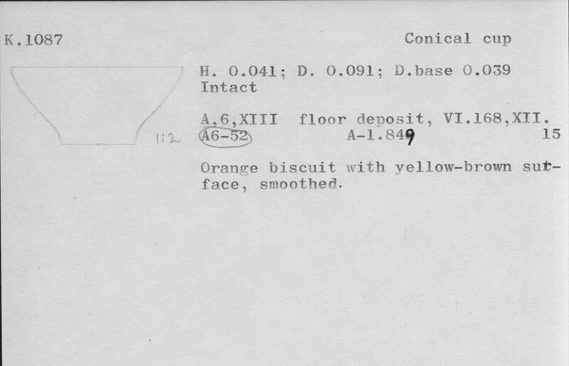 Index card with typed and handwritten information, sometimes including a sketch, of pottery from an excavation.