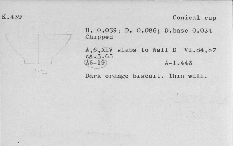 Index card with typed and handwritten information, sometimes including a sketch, of pottery from an excavation.