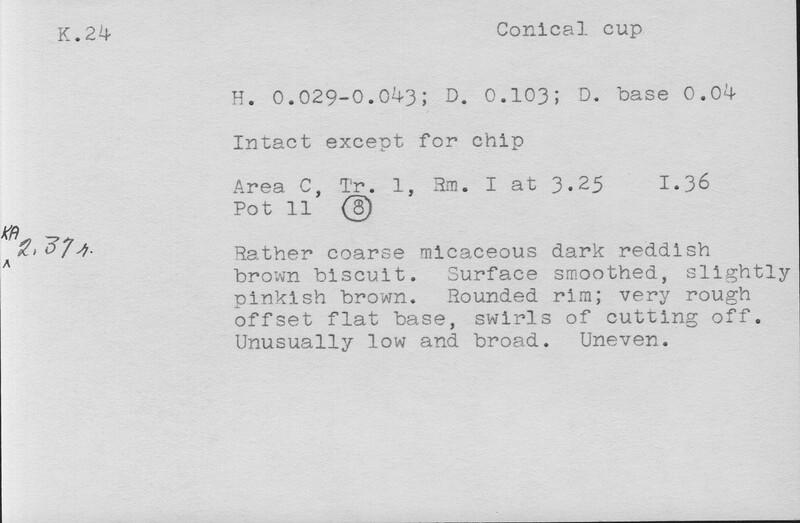 Index card with typed and handwritten information, sometimes including a sketch, of pottery from an excavation.