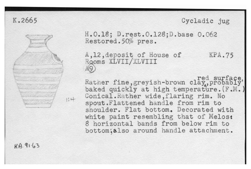 Index card with typed and handwritten information, sometimes including a sketch, of pottery from an excavation.