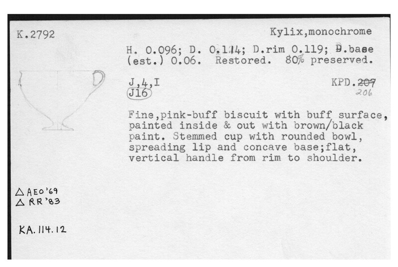 Index card with typed and handwritten information, sometimes including a sketch, of pottery from an excavation.