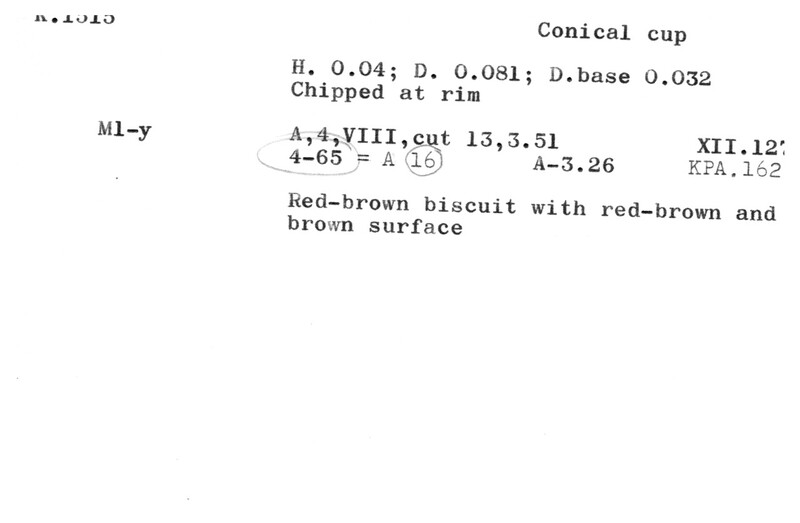 Index card with typed and handwritten information, sometimes including a sketch, of pottery from an excavation.