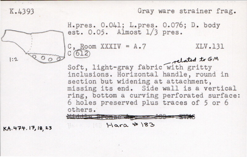 Index card with typed and handwritten information, sometimes including a sketch, of pottery from an excavation.