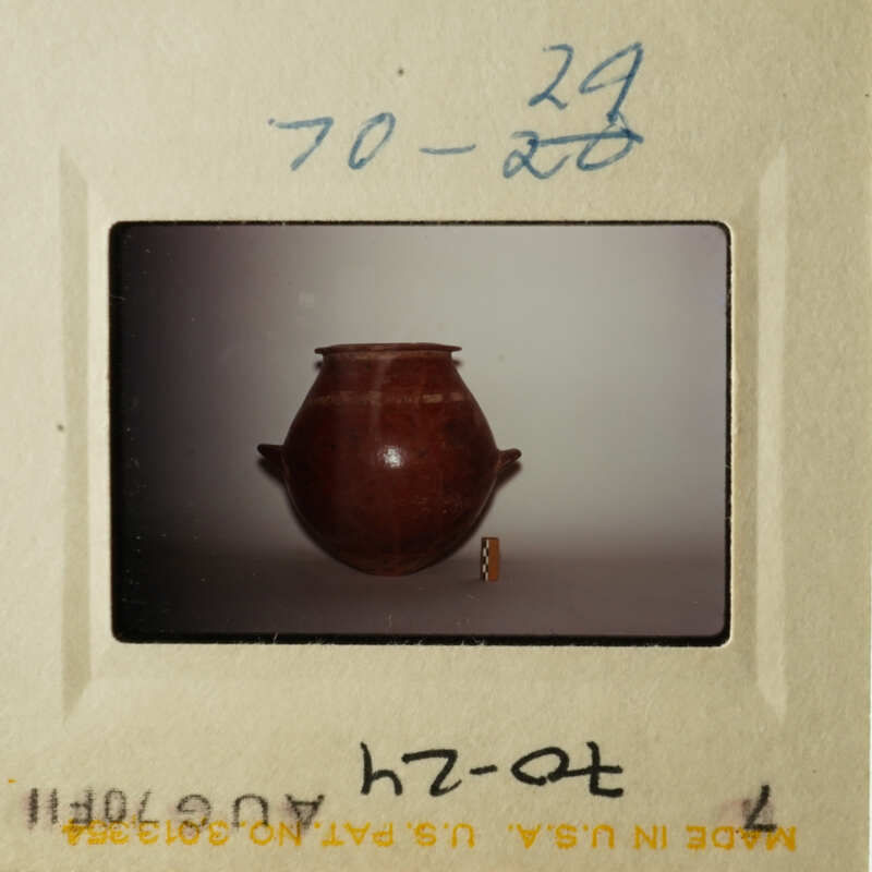 The photo shows an antique vase on display, with a small white tag attached to it.