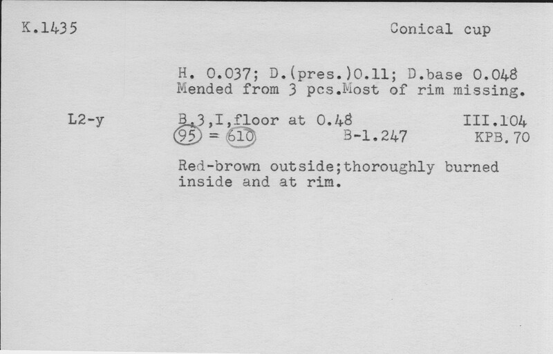 Index card with typed and handwritten information, sometimes including a sketch, of pottery from an excavation.