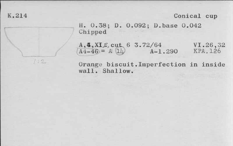 Index card with typed and handwritten information, sometimes including a sketch, of pottery from an excavation.