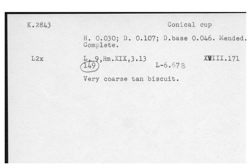 Index card with typed and handwritten information, sometimes including a sketch, of pottery from an excavation.