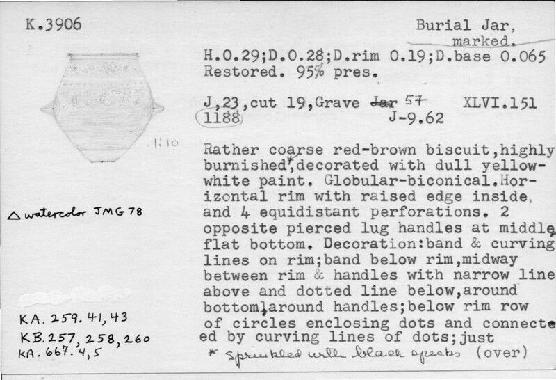 Index card with typed and handwritten information, sometimes including a sketch, of pottery from an excavation.