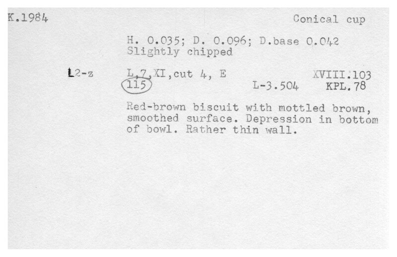 Index card with typed and handwritten information, sometimes including a sketch, of pottery from an excavation.