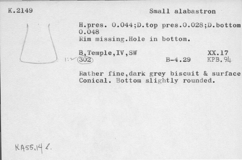 Index card with typed and handwritten information, sometimes including a sketch, of pottery from an excavation.