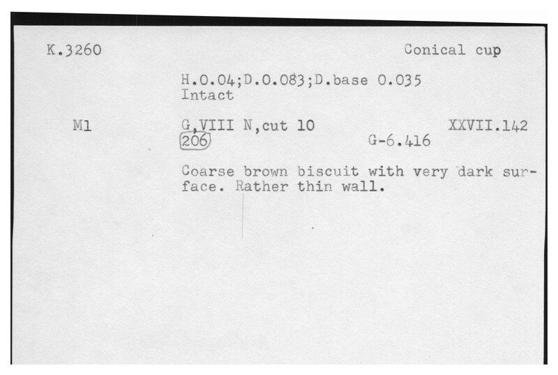 Index card with typed and handwritten information, sometimes including a sketch, of pottery from an excavation.