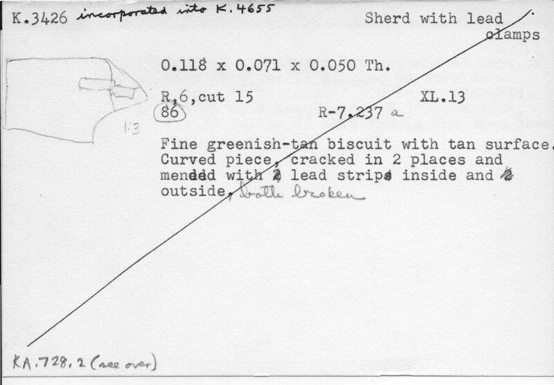 Index card with typed and handwritten information, sometimes including a sketch, of pottery from an excavation.