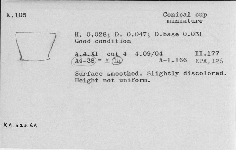Index card with typed and handwritten information, sometimes including a sketch, of pottery from an excavation.