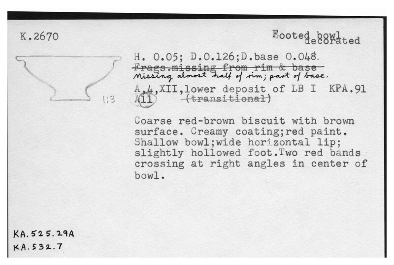 Index card with typed and handwritten information, sometimes including a sketch, of pottery from an excavation.
