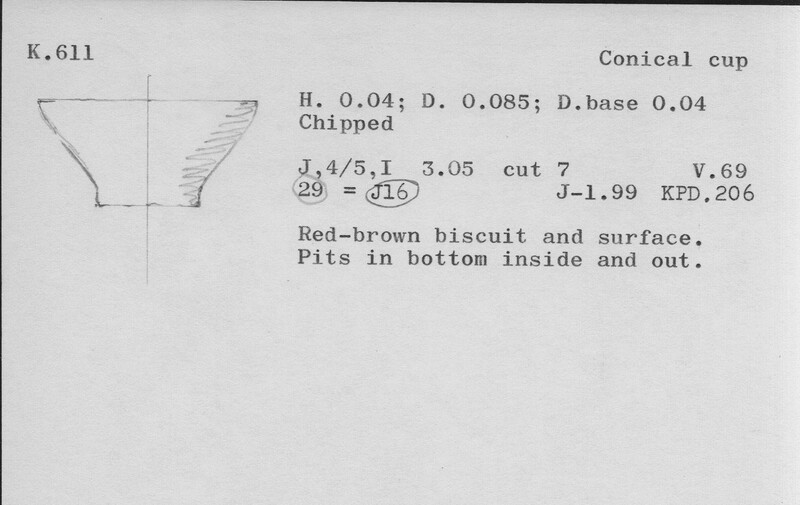 Index card with typed and handwritten information, sometimes including a sketch, of pottery from an excavation.
