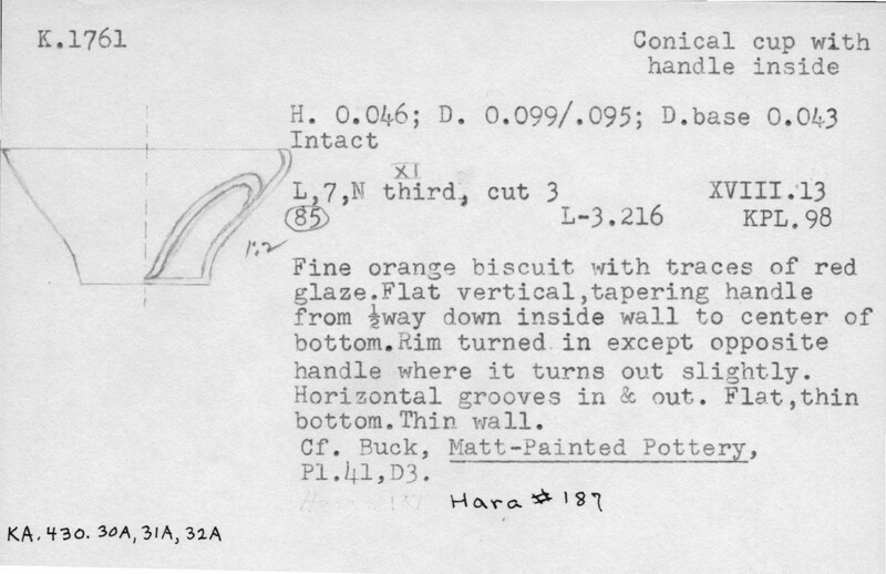Index card with typed and handwritten information, sometimes including a sketch, of pottery from an excavation.
