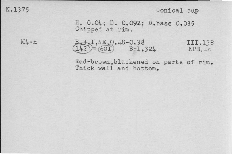 Index card with typed and handwritten information, sometimes including a sketch, of pottery from an excavation.