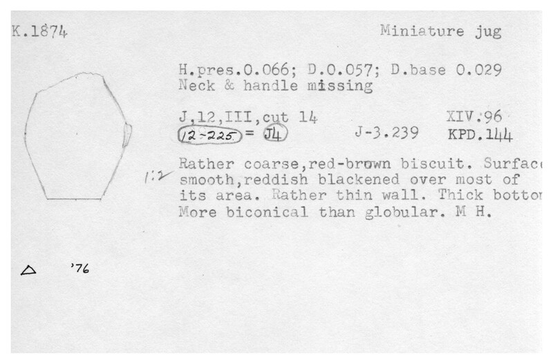 Index card with typed and handwritten information, sometimes including a sketch, of pottery from an excavation.