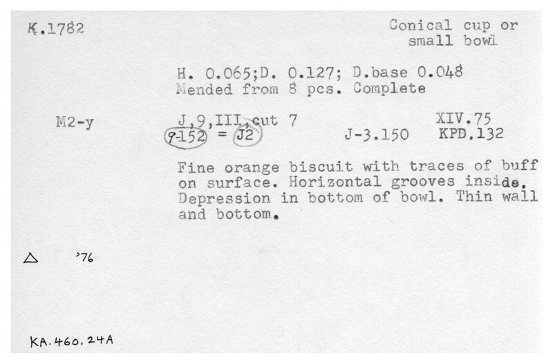 Index card with typed and handwritten information, sometimes including a sketch, of pottery from an excavation.