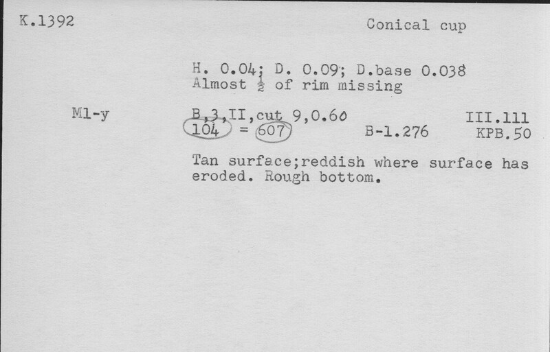 Index card with typed and handwritten information, sometimes including a sketch, of pottery from an excavation.