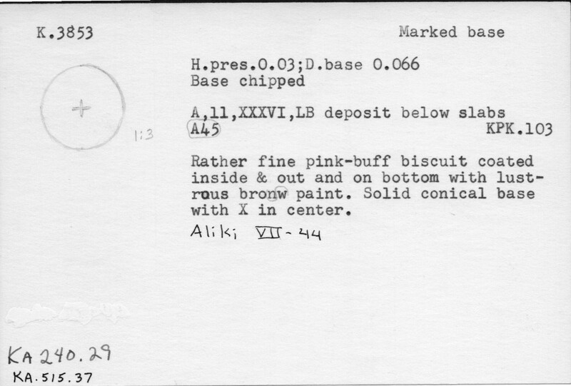 Index card with typed and handwritten information, sometimes including a sketch, of pottery from an excavation.
