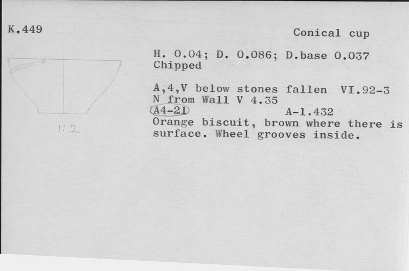 Index card with typed and handwritten information, sometimes including a sketch, of pottery from an excavation.