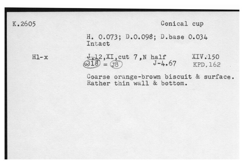 Index card with typed and handwritten information, sometimes including a sketch, of pottery from an excavation.