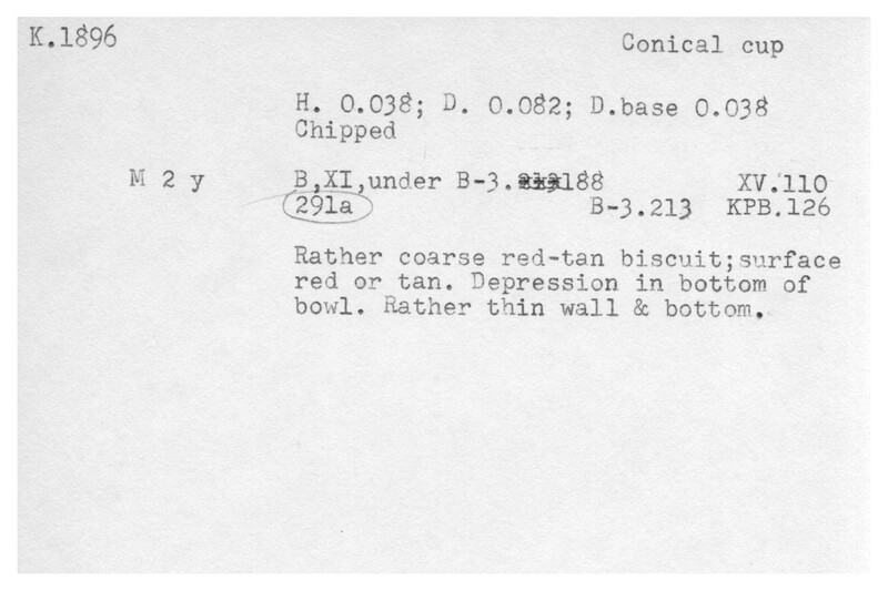 Index card with typed and handwritten information, sometimes including a sketch, of pottery from an excavation.