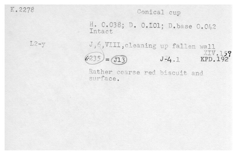 Index card with typed and handwritten information, sometimes including a sketch, of pottery from an excavation.