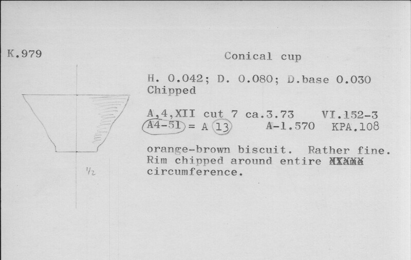 Index card with typed and handwritten information, sometimes including a sketch, of pottery from an excavation.