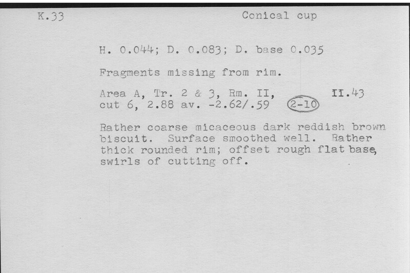 Index card with typed and handwritten information, sometimes including a sketch, of pottery from an excavation.