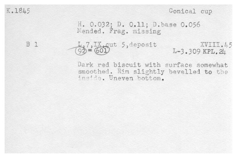 Index card with typed and handwritten information, sometimes including a sketch, of pottery from an excavation.