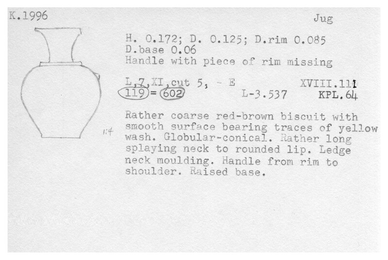 Index card with typed and handwritten information, sometimes including a sketch, of pottery from an excavation.