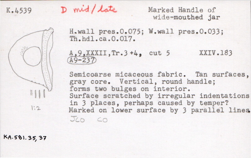 Index card with typed and handwritten information, sometimes including a sketch, of pottery from an excavation.