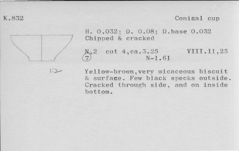 Index card with typed and handwritten information, sometimes including a sketch, of pottery from an excavation.