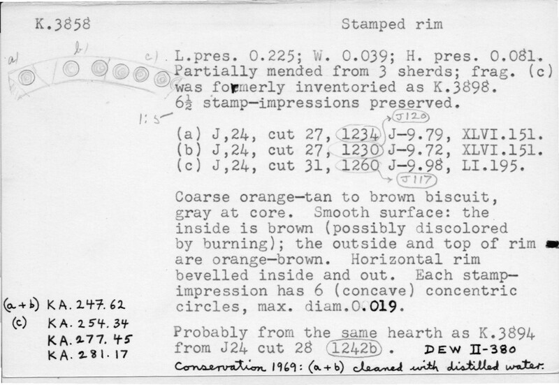 Index card with typed and handwritten information, sometimes including a sketch, of pottery from an excavation.