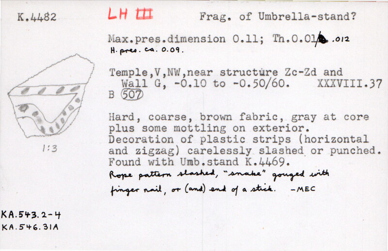 Index card with typed and handwritten information, sometimes including a sketch, of pottery from an excavation.