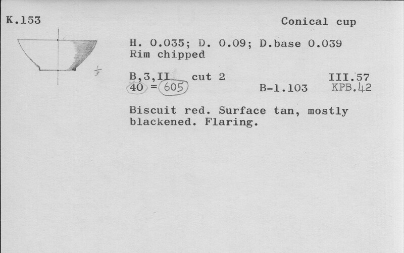 Index card with typed and handwritten information, sometimes including a sketch, of pottery from an excavation.