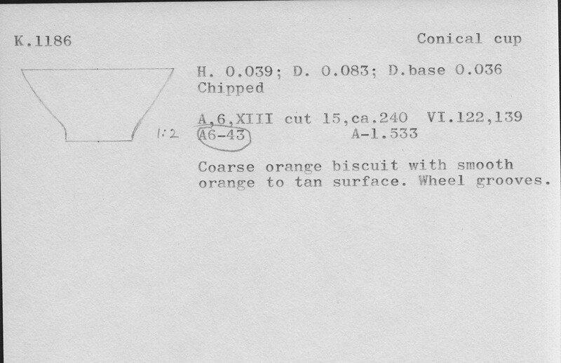 Index card with typed and handwritten information, sometimes including a sketch, of pottery from an excavation.