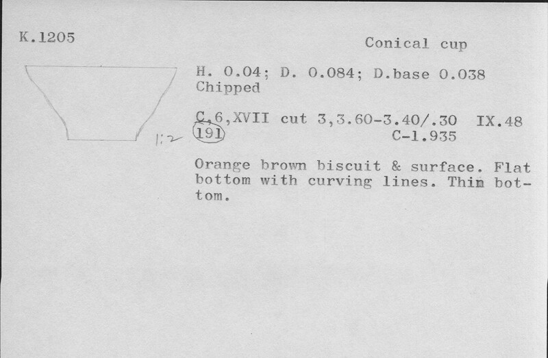 Index card with typed and handwritten information, sometimes including a sketch, of pottery from an excavation.