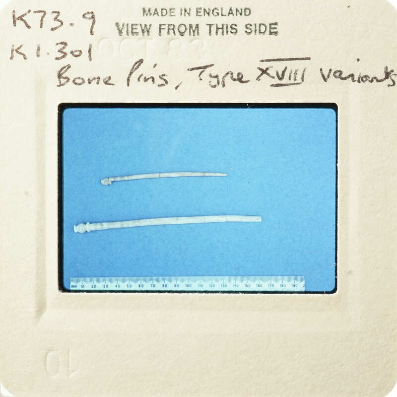 Old bone pin slides with handwritten notes on labels.