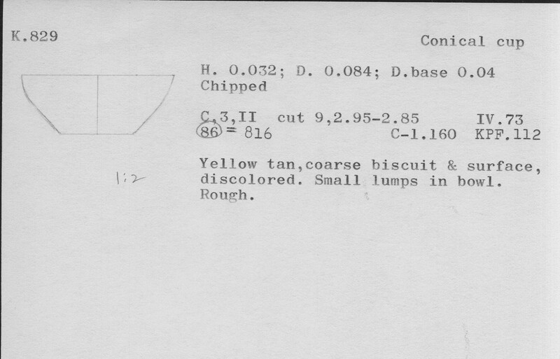 Index card with typed and handwritten information, sometimes including a sketch, of pottery from an excavation.