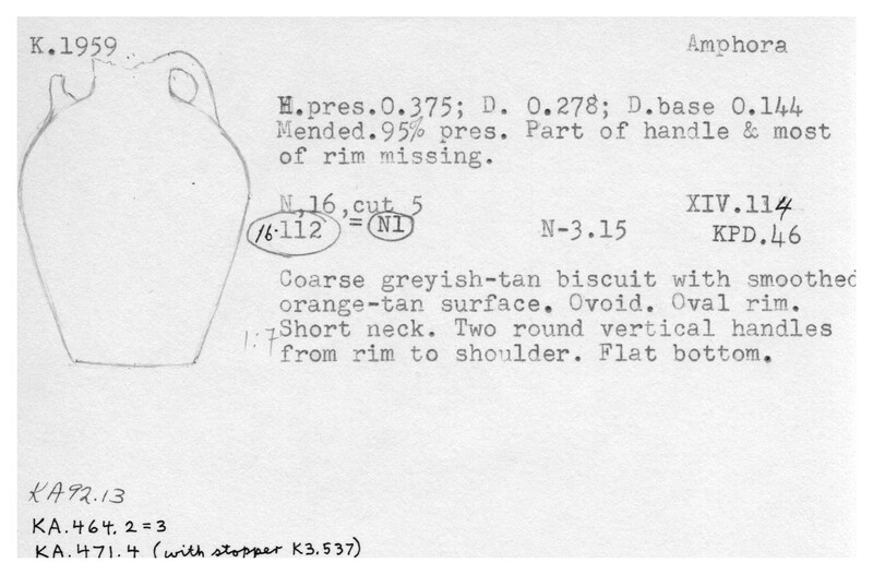 Index card with typed and handwritten information, sometimes including a sketch, of pottery from an excavation.