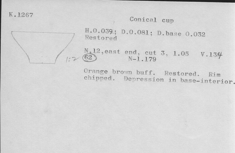 Index card with typed and handwritten information, sometimes including a sketch, of pottery from an excavation.
