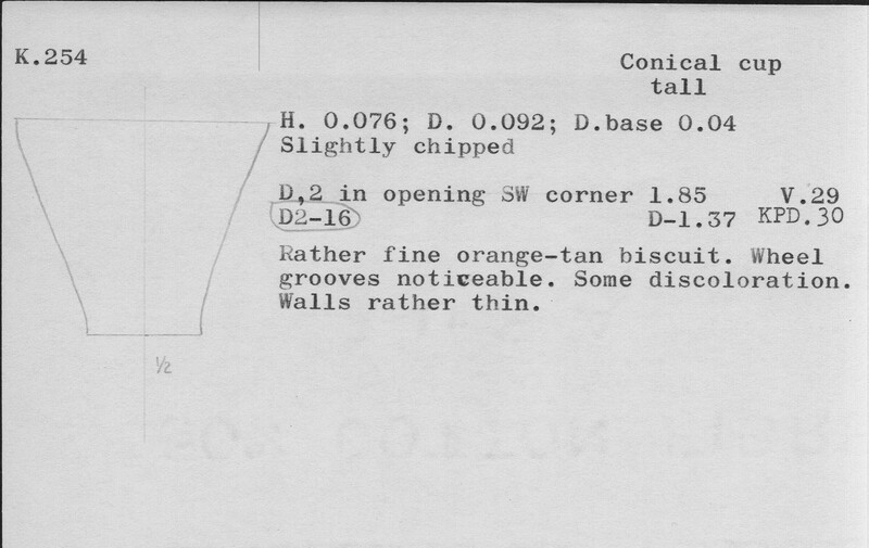 Index card with typed and handwritten information, sometimes including a sketch, of pottery from an excavation.