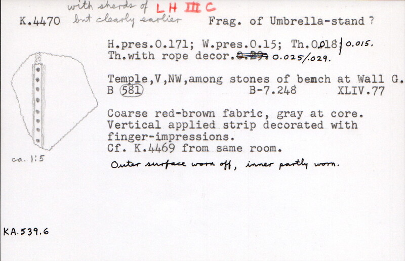 Index card with typed and handwritten information, sometimes including a sketch, of pottery from an excavation.