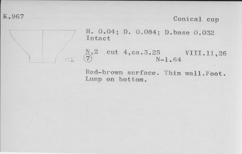 Index card with typed and handwritten information, sometimes including a sketch, of pottery from an excavation.