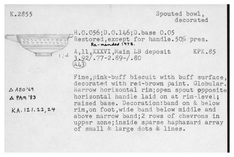 Index card with typed and handwritten information, sometimes including a sketch, of pottery from an excavation.