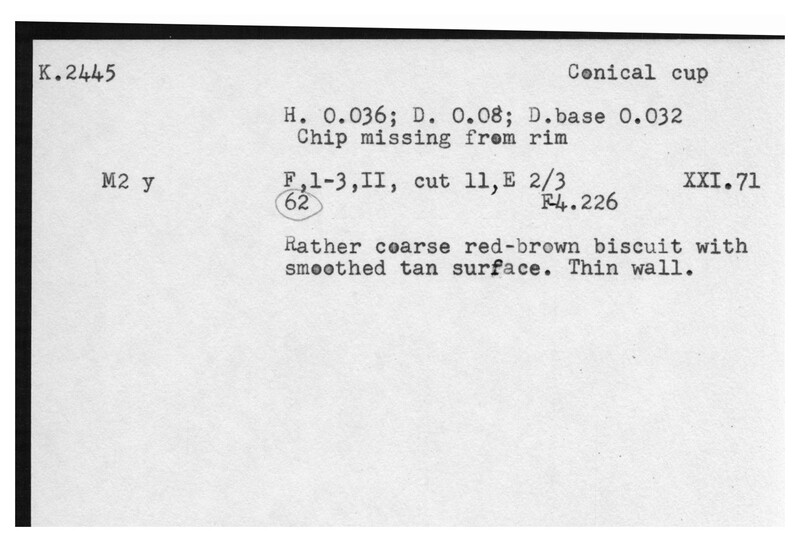 Index card with typed and handwritten information, sometimes including a sketch, of pottery from an excavation.